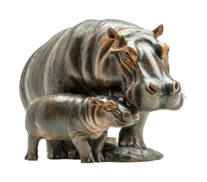 Hippos interacting in nature wildlife sculpture view isolated on transparent background