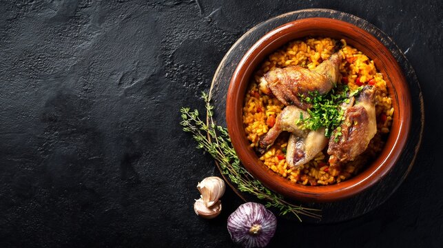 Spanish dinner specialty arroz con perdiz partridge rice dish earthy herbs and spices Castilla La Mancha cuisine in rustic bowl on dark stone background top down flat lay style
