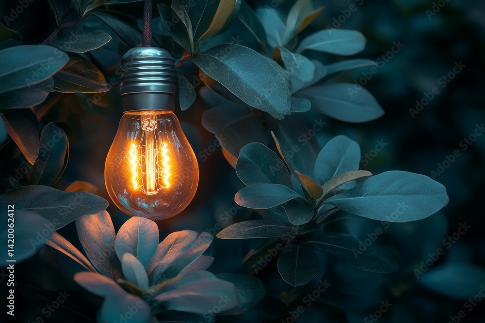 Poster a light bulb emitting a warm glow is positioned on a surface with a unique texture, accompanied by a