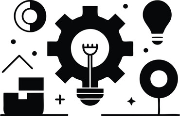 Obraz premium Black and white vector illustration of a gear with lightbulb, pie chart, and bar graph for data driven innovation