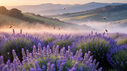 Fototapeta premium Lavender Field at Dawn with Bees Flying and Gentle Fog Rolling