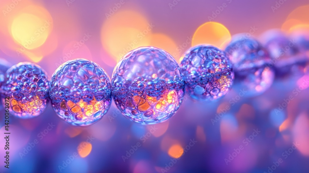 Poster several iridescent orbs are arranged in a row with bokeh background
