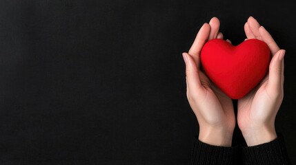 Tender care and affection.  A red heart held gently in cupped hands on a dark backdrop.  A symbol of love and compassion