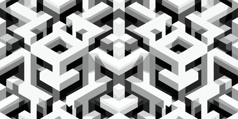 Seamless Isometric Vector Pattern of interlocking 3D Y-shaped geometric forms, monochrome (black, white, and gray), sharp edges, consistent lighting, 3D block illusion, repetitive and tileable, clean 