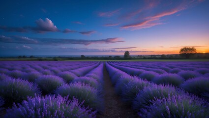 Fototapeta premium Lavender Field at Dusk with a Dramatic Sky and Soft Light
