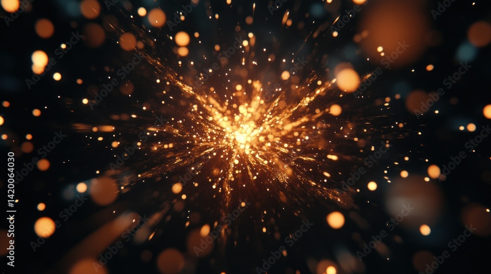 Poster bright golden sparks exploding outward from a central source