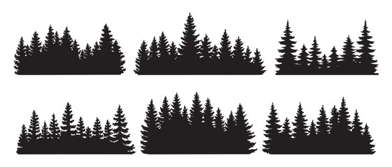 Silhouette of Forest of Christmas fir trees vector icon set illustration isolated on white background.
