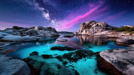 Serene Night Sky Above Calm Waters and Rugged Rocks in Nature's Embrace