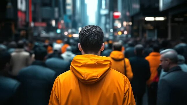 A solitary man in an orange jacket walks through a busy city street, his head down, as faceless crowds rush past him, emphasizing his isolation