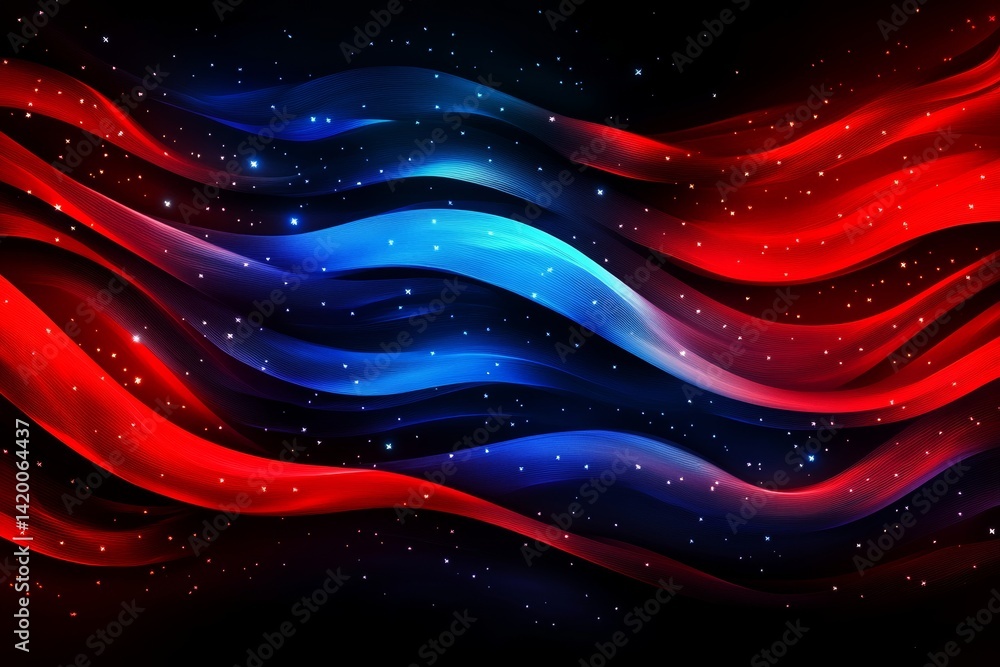 Poster blue and red glowing dots and lines form an abstract landscape that conveys depth and movement