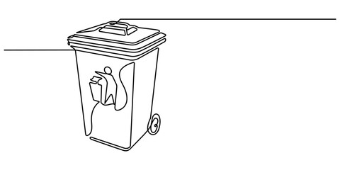 One line drawing trash bin clean environment vector. One continuous line drawing of garbage container. abstract line art illustration. Plastic recycle waste dustbin in simple linear style. 
