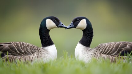 Obraz premium Two Elegant Geese in Graceful Display on Green Grass Landscape
