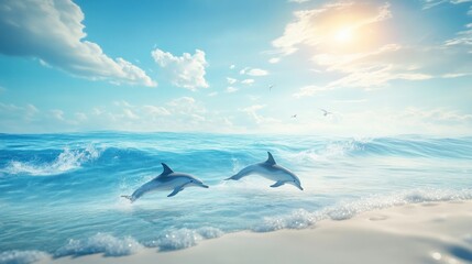 Fototapeta premium Two dolphins jumping playfully out of ocean waves near shoreline
