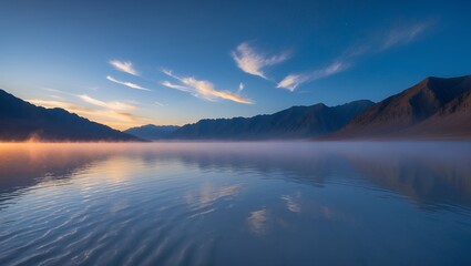 Obraz premium Calm Lake Scene Reflecting Sky with Distant Mountains at Sunrise