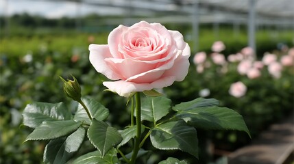 Delicate Pink Rose in Full Bloom Displaying Graceful Petals And Bud in Lush Garden Setting.