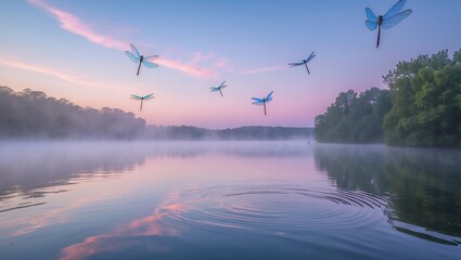 Obraz premium Dragonflies flying over lake at dawn with fog and soft light