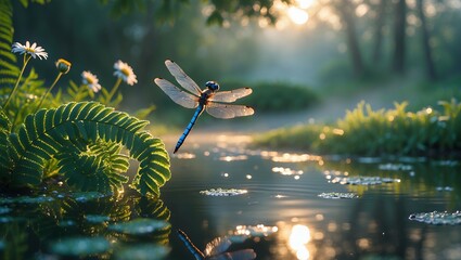 Dragonfly Flying Near Pond at Sunset with Light Reflections