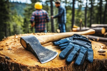 Lumberjack's Axe and Gloves on Tree Stump in