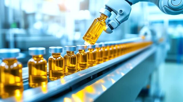 A close-up of an industrial robotic arm gripping vials with specialized suction cups, positioning them perfectly on a conveyor in a controlled cleanroom