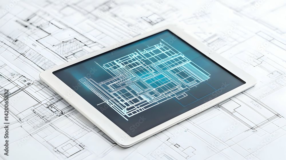 Poster digital tablet displaying graphic design over architectural blueprint