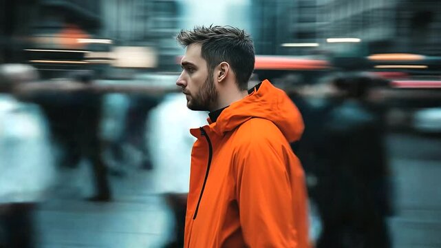 A sorrowful man in an orange jacket stands on a street corner, lost in thought, as motion-blurred people rush past, their faces indistinct