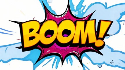 Bright comic style BOOM text with splash explosion and dynamic effects - Powered by Adobe