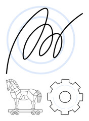 Geometric Trojan horse, mechanical gear, and abstract looping line within concentric circles. Ideal for innovation, technology, cybersecurity, automation, history, engineering simple landing page