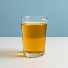 Golden apple juice in clear glass with light background.