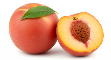 Fresh Ripe Peaches with Leaf One Sliced Open Isolated on White Background