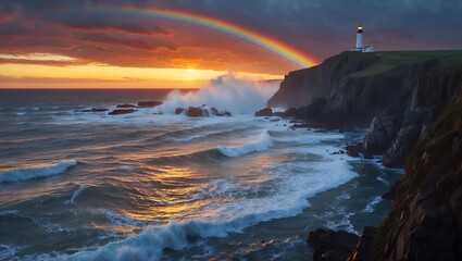 Obraz premium Lighthouse Overlooking Ocean Waves with Rainbow at Beautiful Sunset