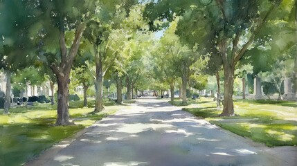 Fototapeta premium Shaded Cemetery Path Trees arch over a sundappled lane between tombstones