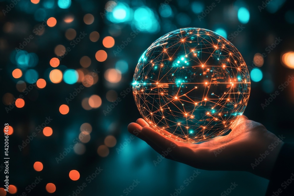 Poster in a dark and blurred setting, a hand clutches a luminous orb that is intersected by a series of con