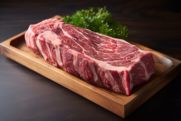 A large piece of meat on the wooden boad with green leaves of pudina with kitchen shelf background.