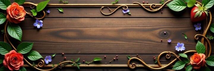 Swirling vines and curved lines adorning a majestic wooden invitation frame , decorative, nature