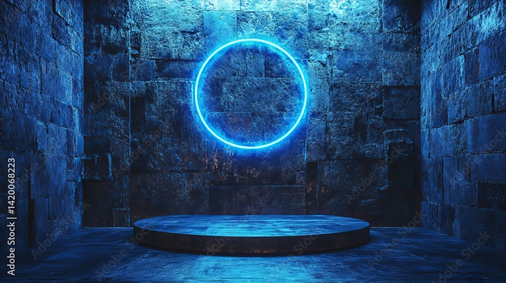 Poster the backdrop of an illuminated blue circle in a modern interior setting includes a round platform fo