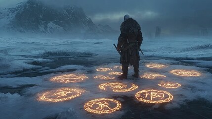 Warrior stands on ice, glowing runes surround.