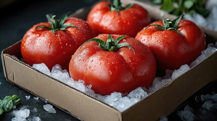 Fresh, ripe tomatoes on ice in a cardboard box