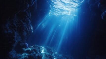 Obraz premium Underwater cave illuminated by sunlight beams.