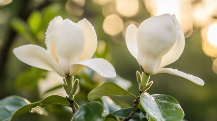 Two open white flowers with water droplets on their petals