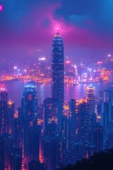 Obraz premium City skyline at night with tall buildings illuminated by purple and blue lights.