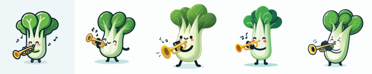 cute mustard greens vector collection playing trumpet