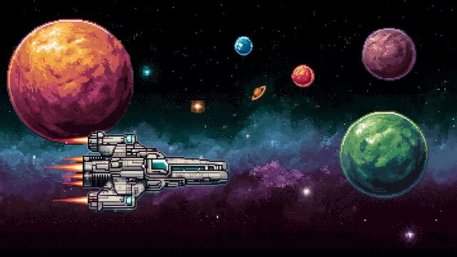 Retro pixel spaceship flying past colorful planets in deep outer space