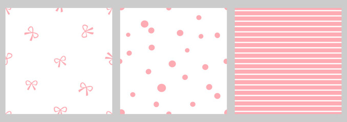 Seamless patterns with ribbon bows, polka dot and stripe on white and pink backgrounds vector.