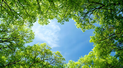 Fototapeta premium Fresh Green Trees Canopy Against Sunny Blue Sky