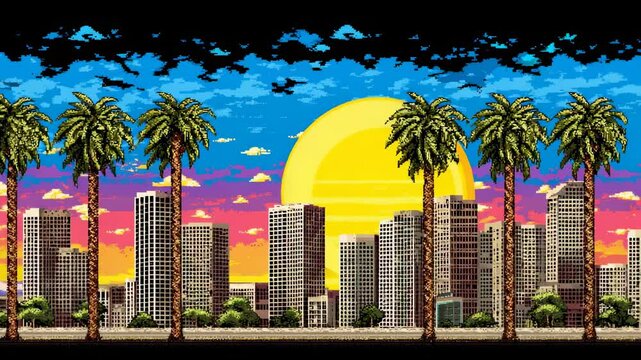 Retro pixel cityscape with sunset, palm trees, and colorful sky