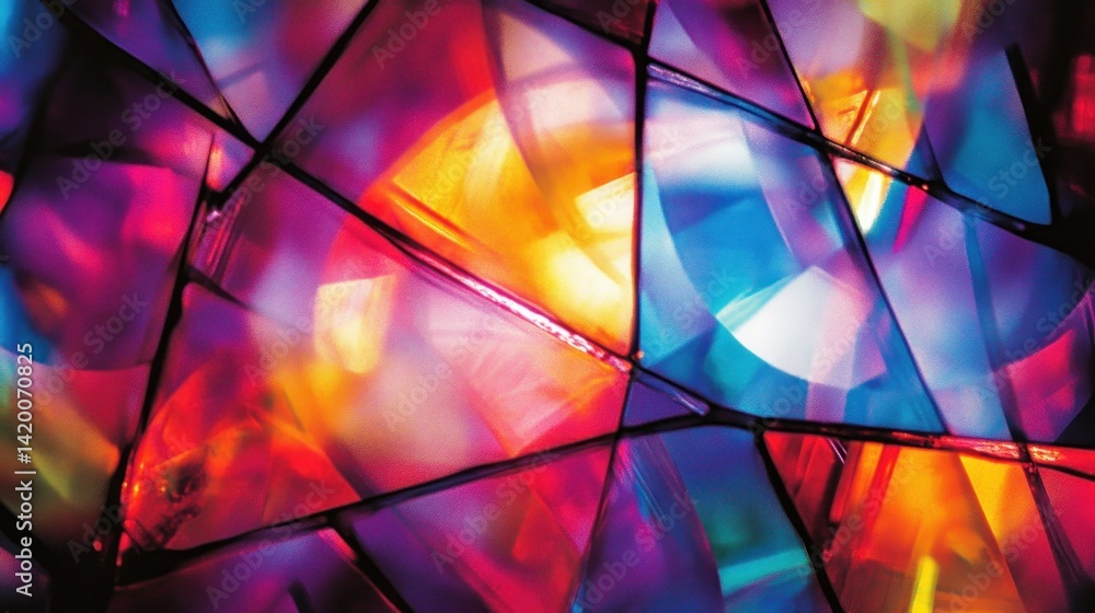 Poster beautiful display of colorful light reflections through segmented glass patterns