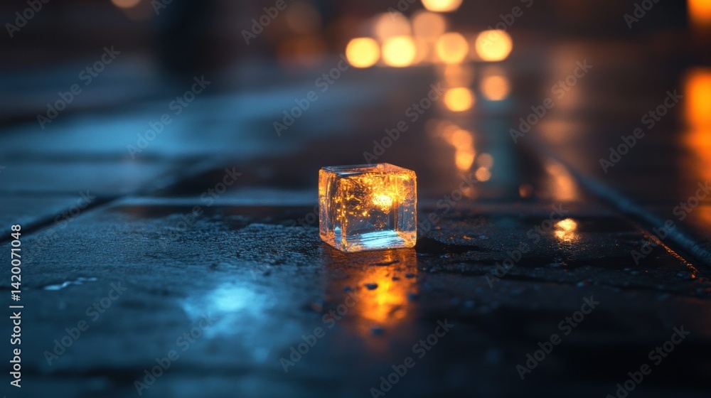Poster illuminated transparent ice cube resting on a wet reflective surface