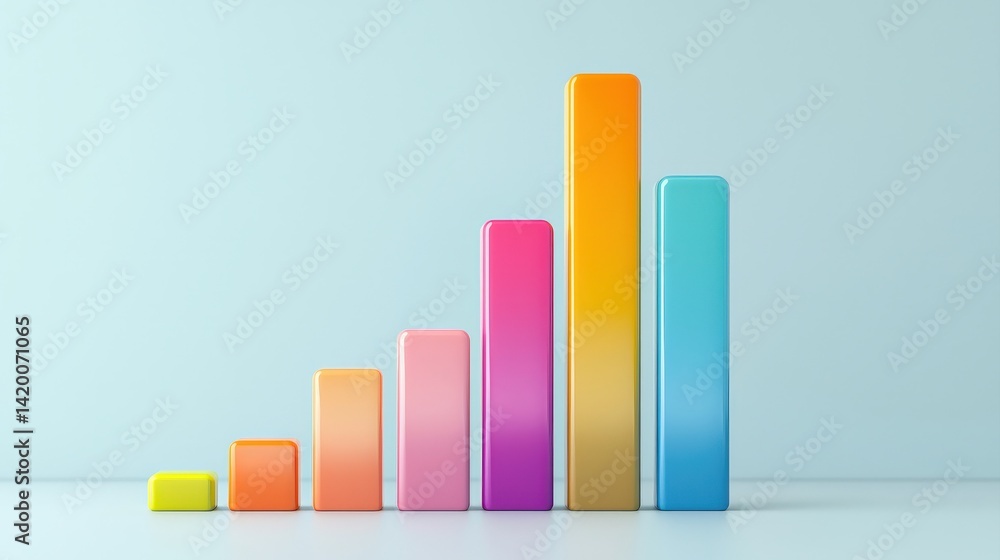 Poster a vibrant bar graph with varying heights, showcasing a gradient of colors, representing data or grow