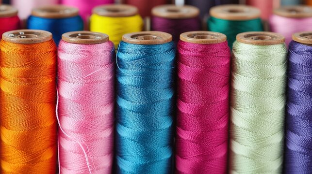 A vibrant collection of colorful spools of thread arranged neatly, showcasing a variety of shades perfect for sewing and crafting projects. - Powered by Adobe