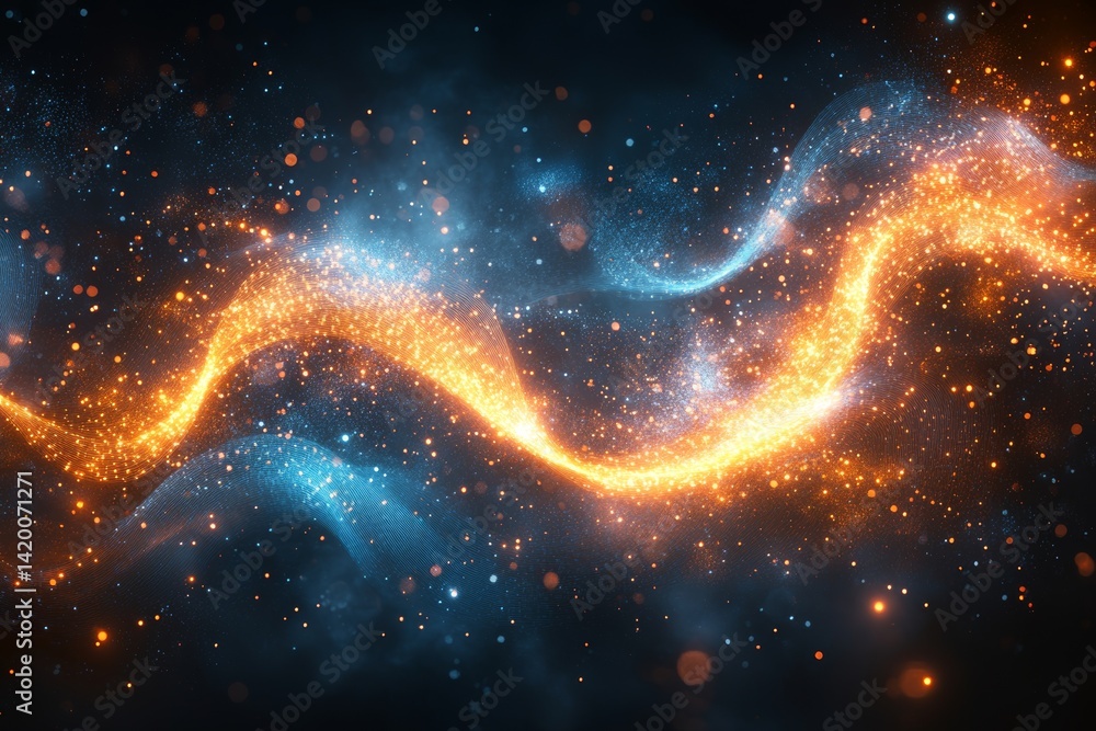 Poster glowing blue and orange lines and dots form an abstract network that flows in a wavy pattern set aga